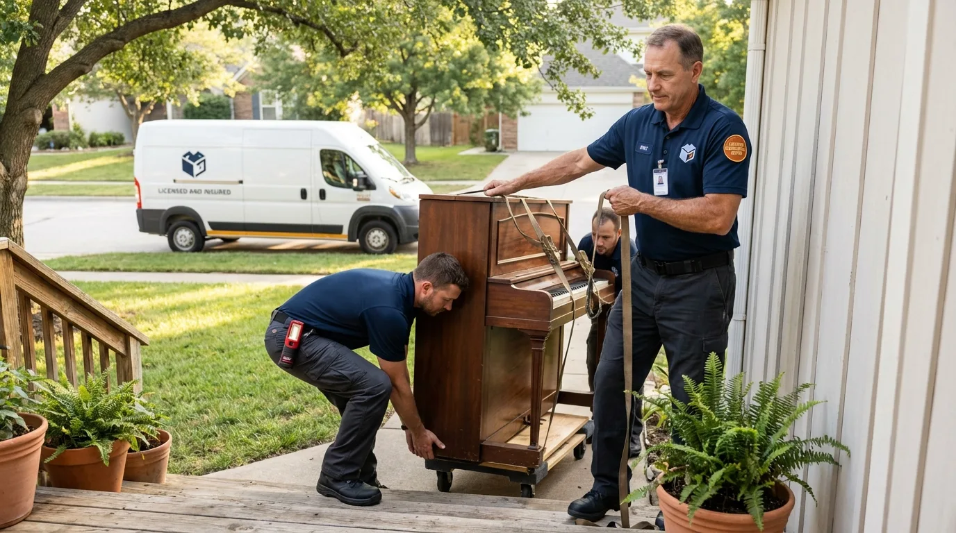 Licensed piano movers securing grand piano in North Bergen, NJ