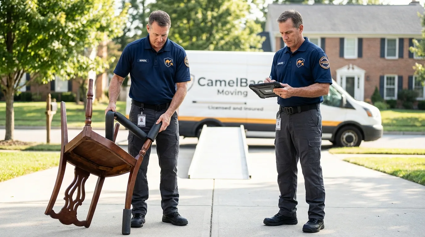 Movers inspecting furniture for damage prevention before loading in North Bergen, NJ