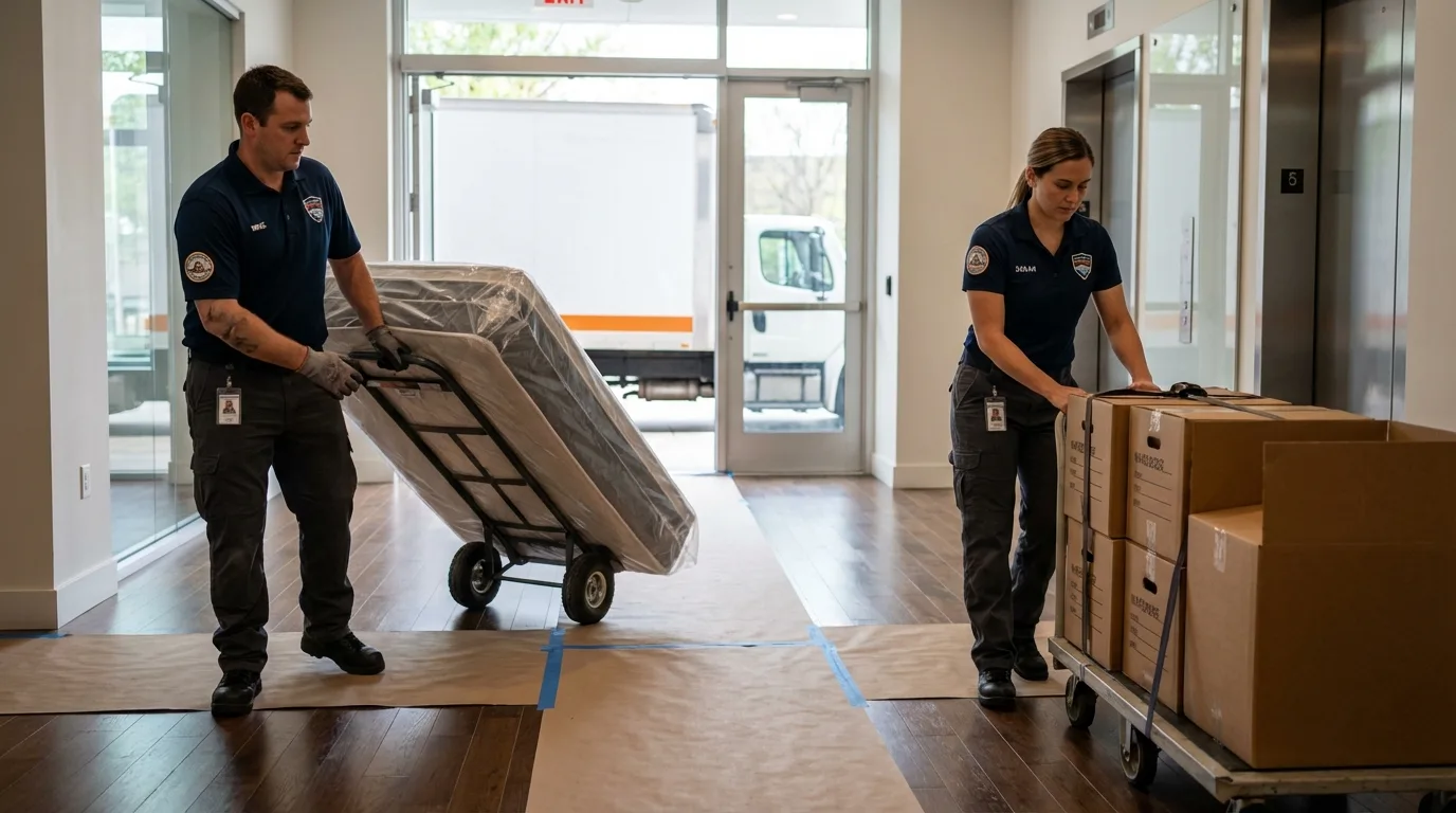 Professional apartment movers loading elevator in North Bergen, NJ